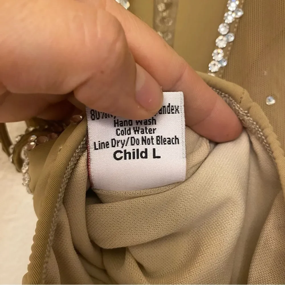 LA dance solo custom tan nude beige illusion leotard costume bedazzled bling LC